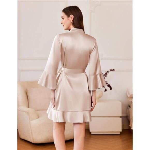 Women’s Champagne Satin Robe – Short Silky Kimono with Ruffle Hem - Picture 4 of 4